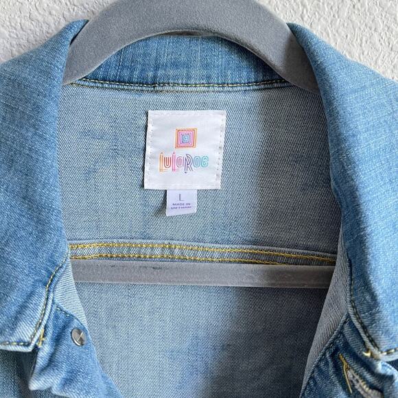 Lularoe Kenny Star & Palm Tree Denim Jacket Women's L Light Wash Stretch - Picture 10 of 10